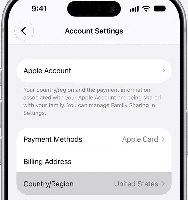 iPhone 上显示“国家或地区”的 Apple 账户设置