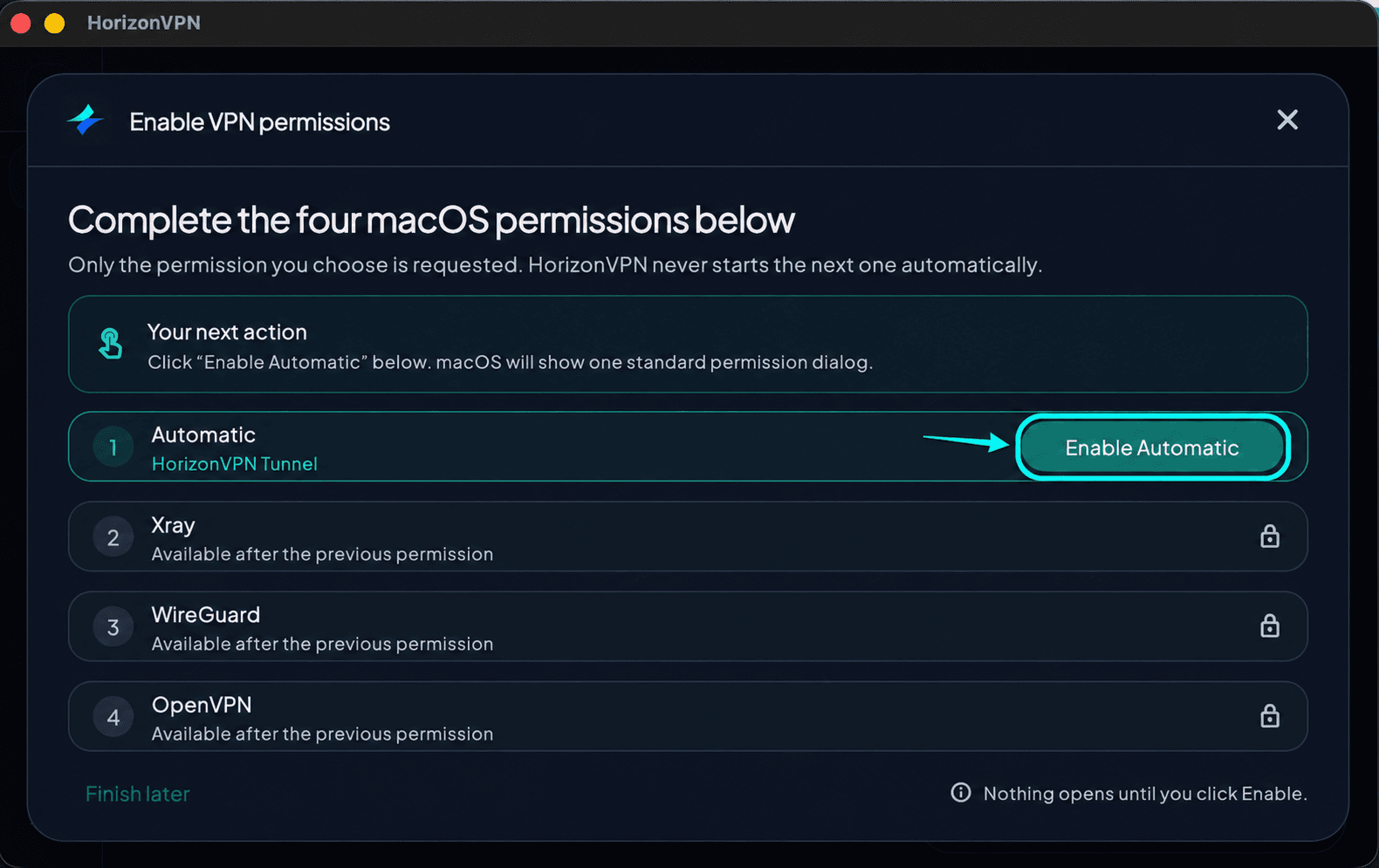 Нажмите Enable Automatic для запроса первого разрешения.