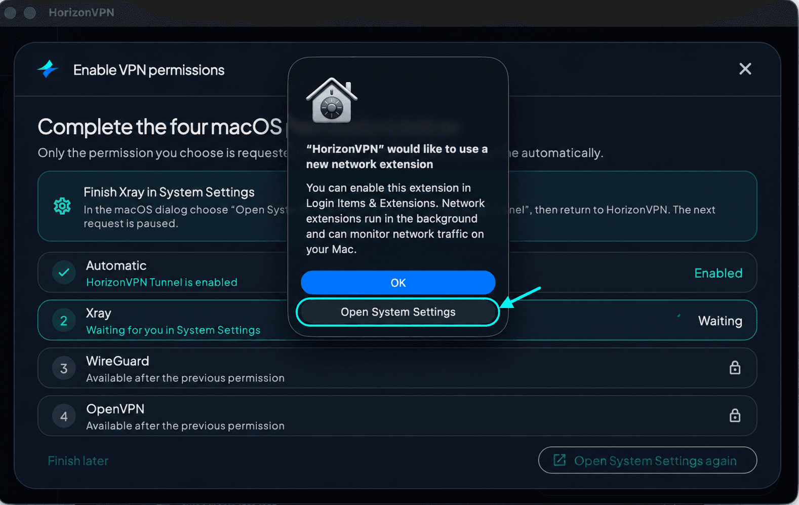 Выберите Open System Settings в диалоге macOS.