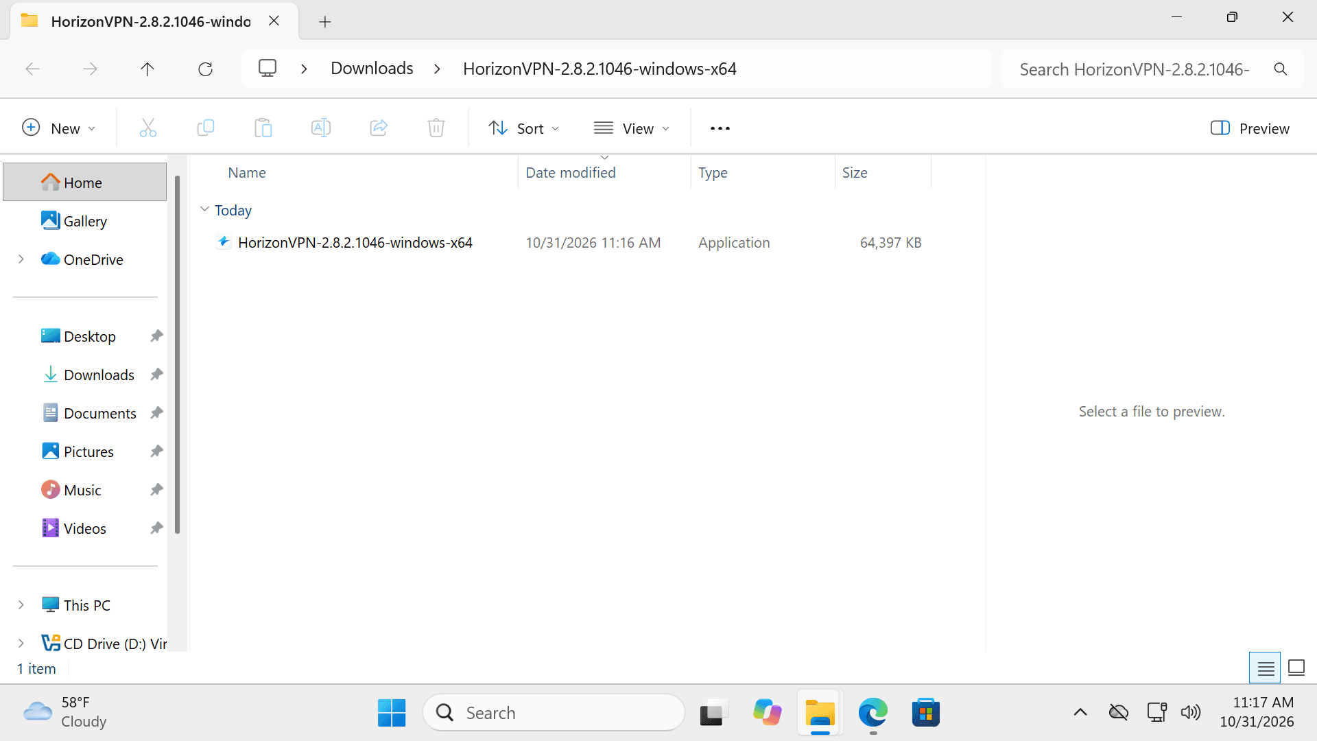نصب‌کنندهٔ EXE برنامهٔ HorizonVPN داخل پوشهٔ استخراج‌شده در ویندوز.