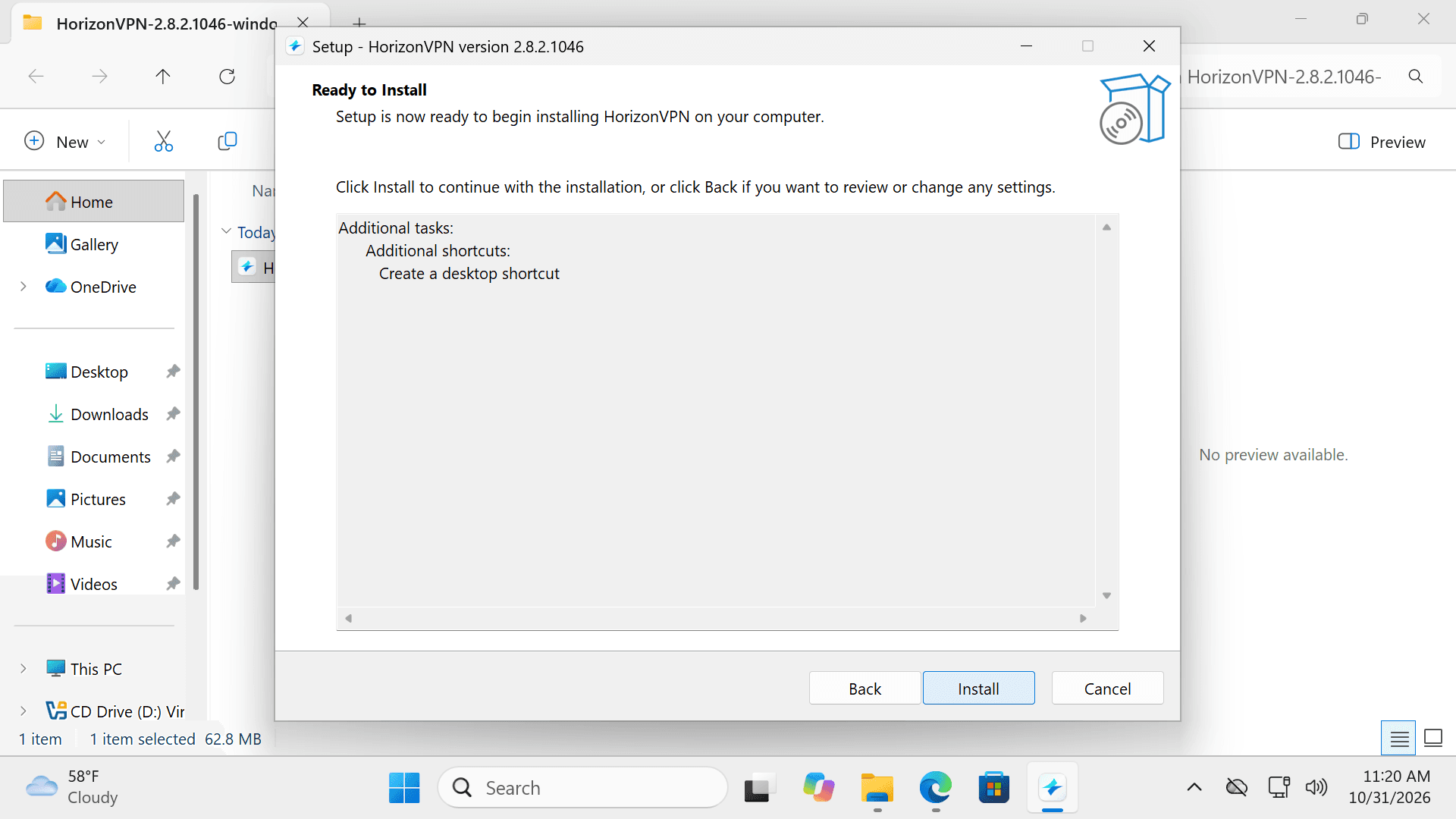 صفحهٔ Ready to Install در نصب‌کنندهٔ HorizonVPN با دکمهٔ Install.