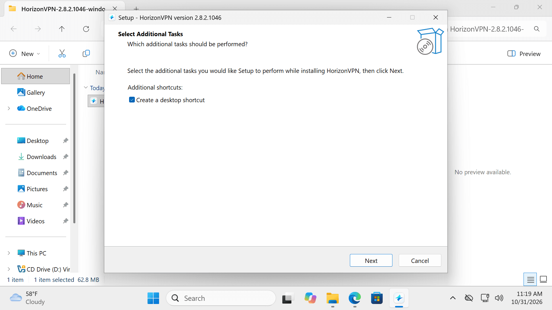 پنجرهٔ نصب HorizonVPN با گزینهٔ Create a desktop shortcut.
