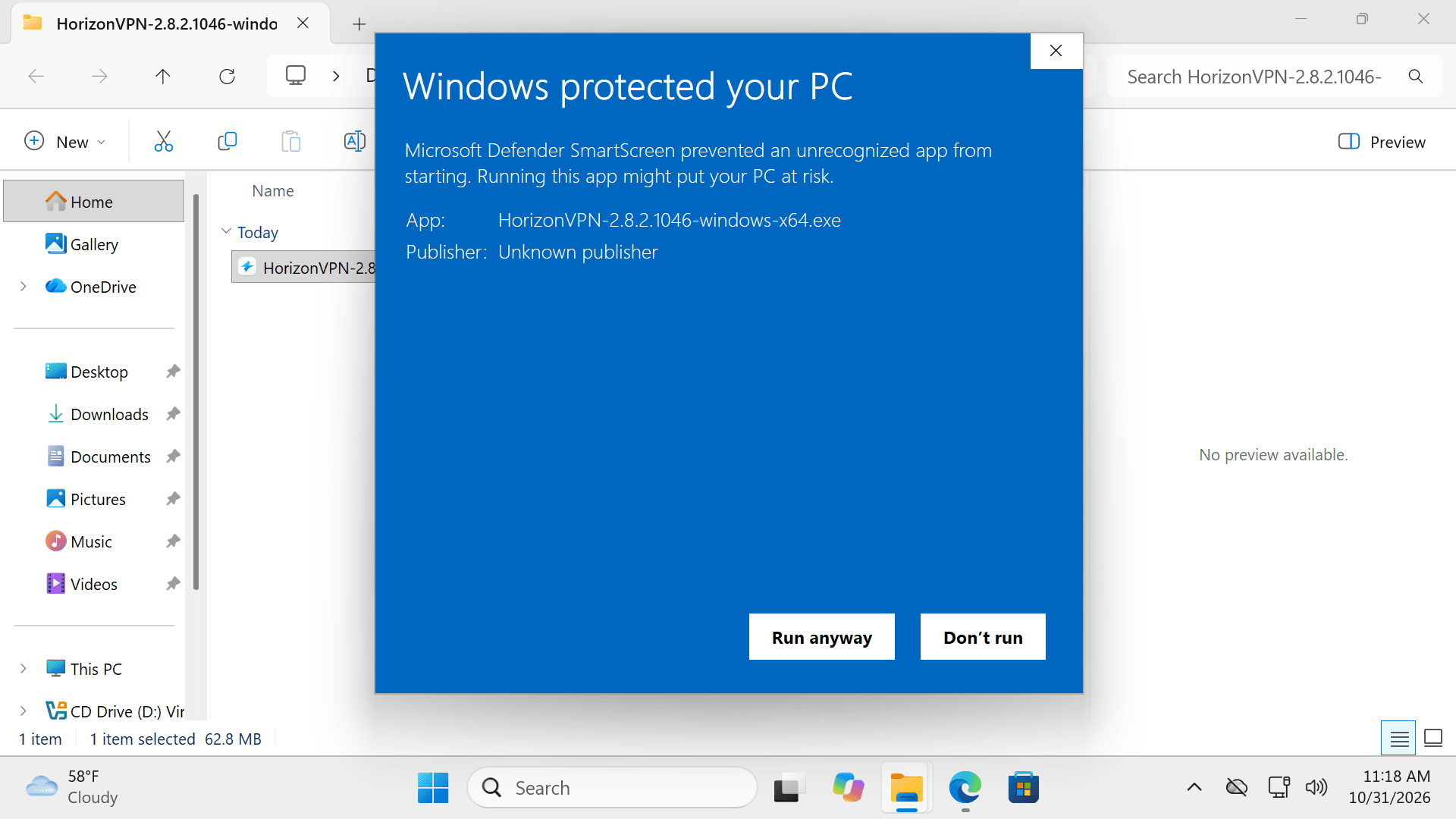پنجرهٔ بازشدهٔ SmartScreen با نام نصب‌کنندهٔ HorizonVPN، اطلاعات ناشر و گزینهٔ Run anyway.