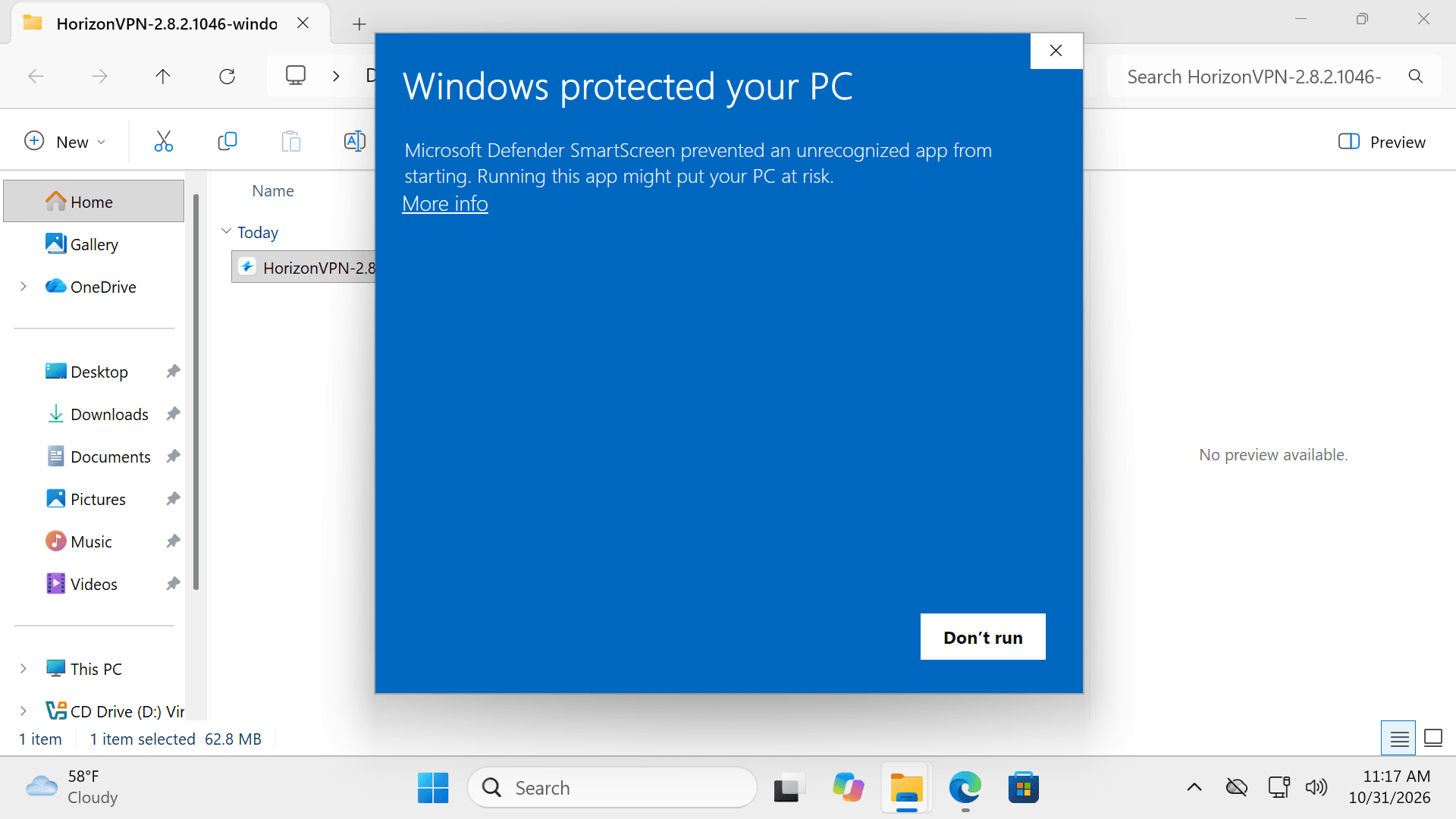 پنجرهٔ Windows protected your PC با پیوند More info.