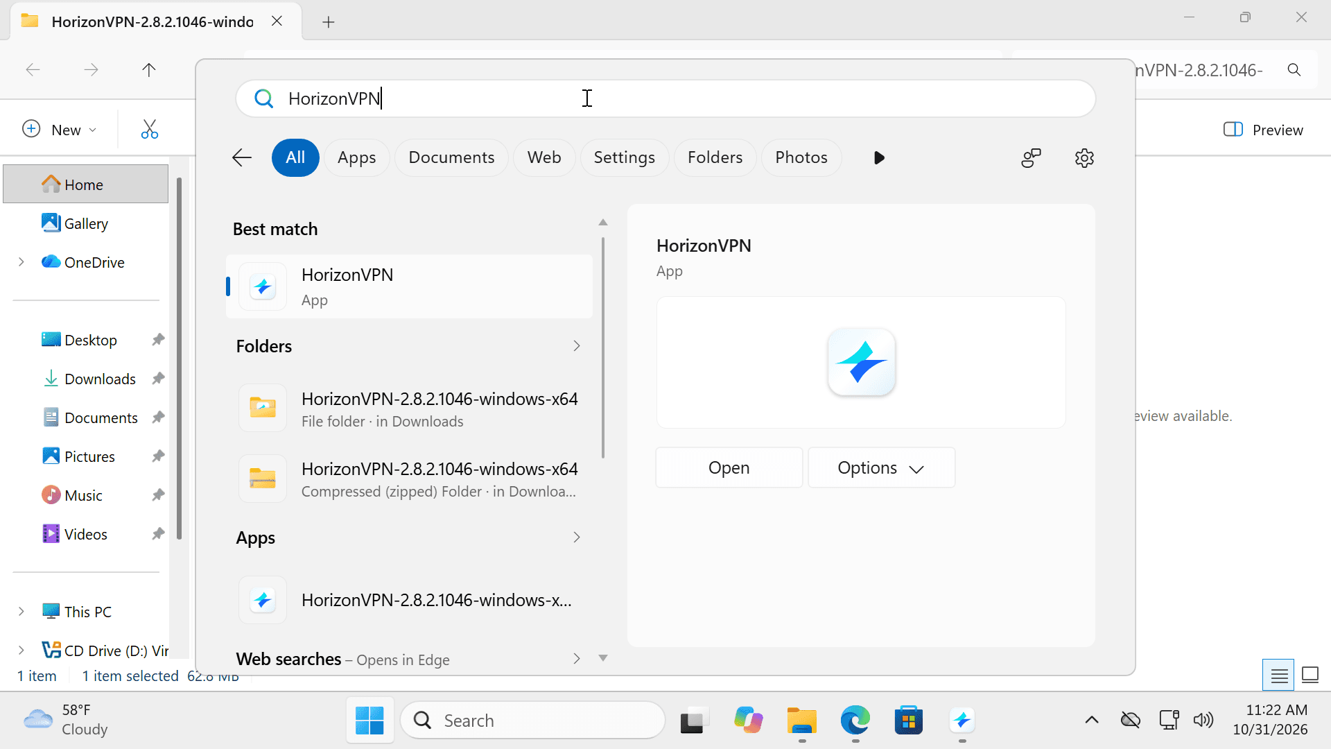 جست‌وجوی منوی Start ویندوز که برنامهٔ نصب‌شدهٔ HorizonVPN را نشان می‌دهد.