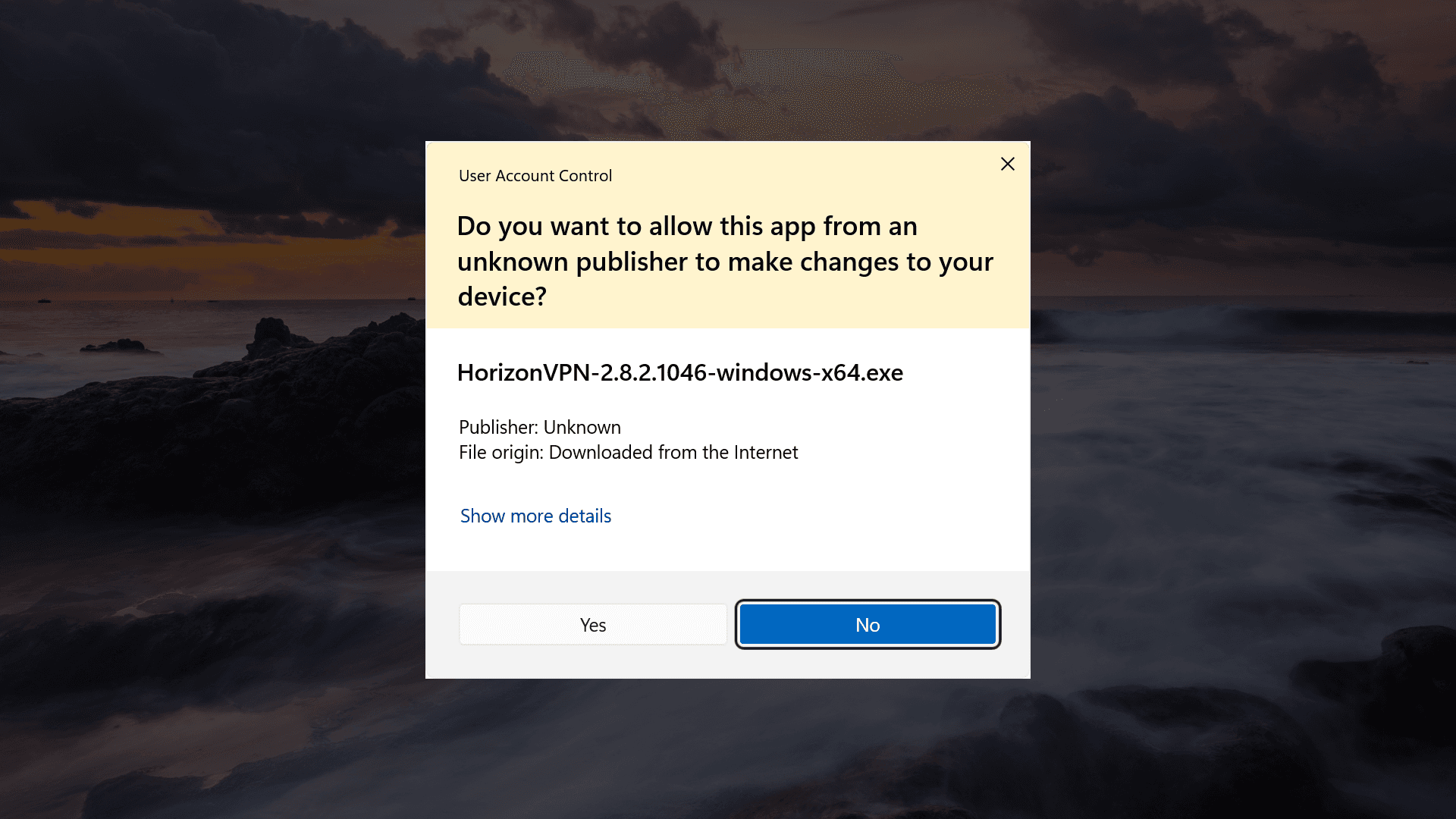 پنجرهٔ درخواست مجوز User Account Control ویندوز برای نصب‌کنندهٔ HorizonVPN.