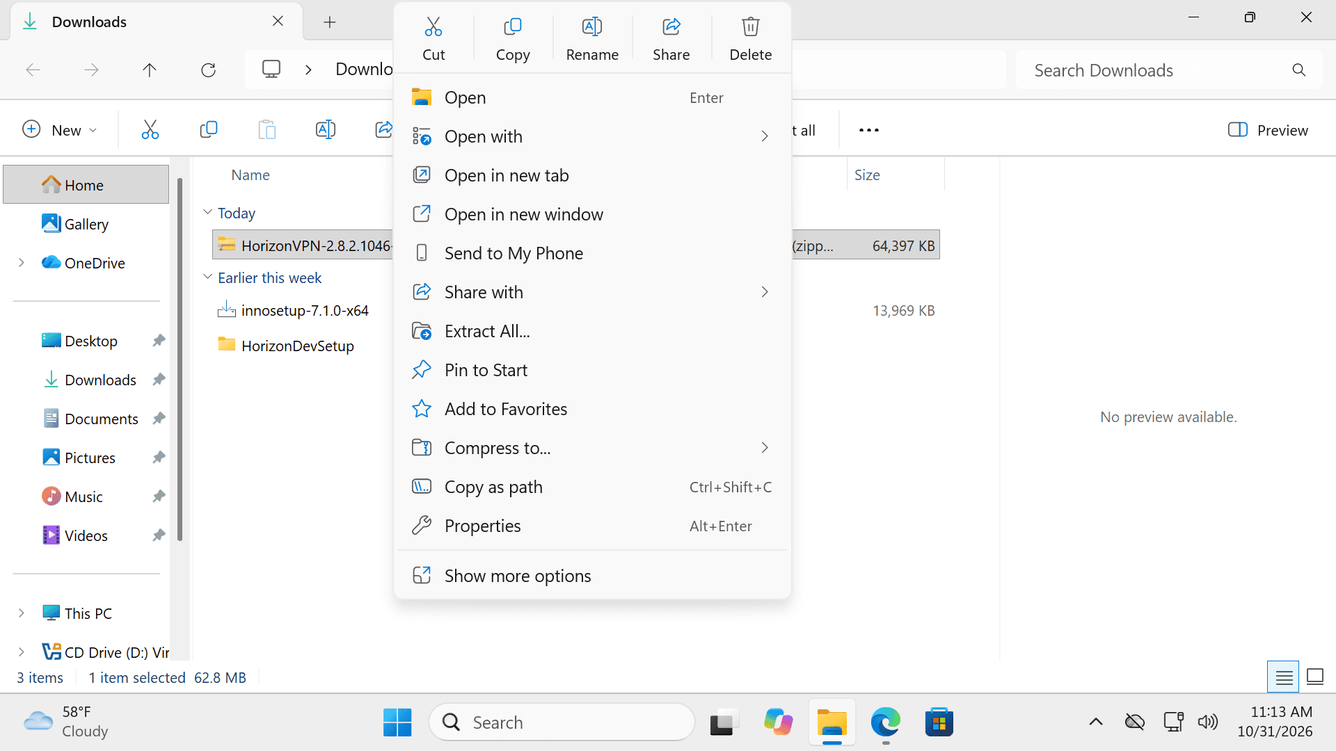 منوی راست‌کلیک File Explorer ویندوز با گزینهٔ Extract All برای فایل ZIP برنامهٔ HorizonVPN.