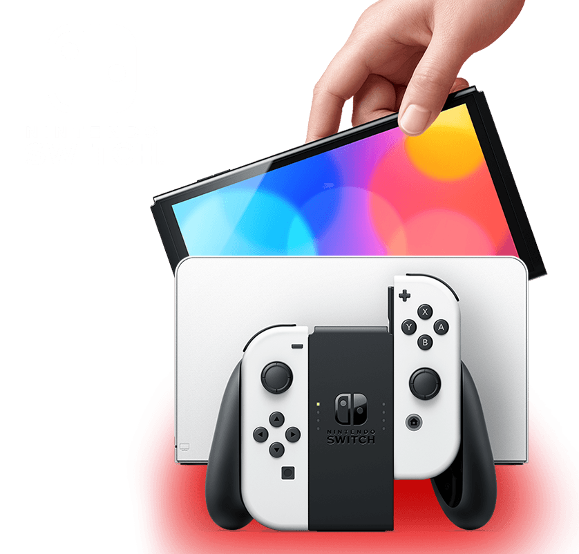 Offizielles Nintendo-Switch-OLED-Foto mit Konsole, Joy-Con-Controllern und Dock.