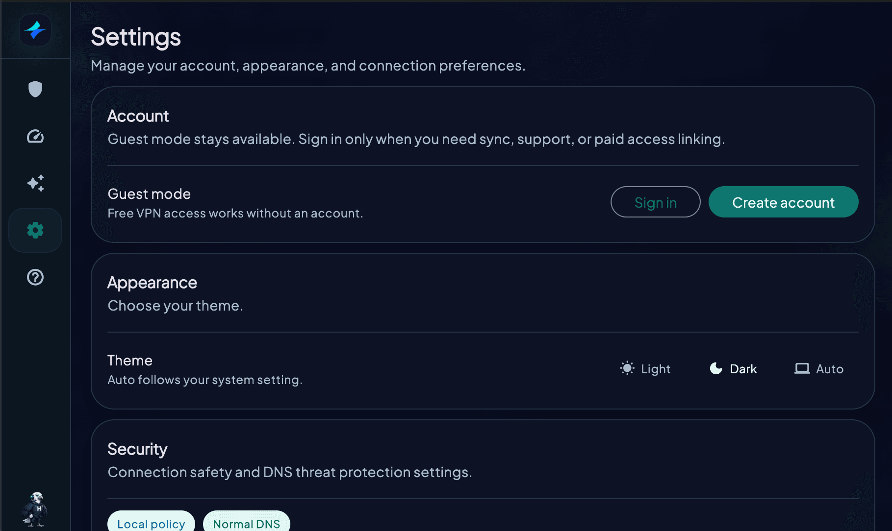 macOS 上的 HorizonVPN 设置页面,其中显示账户、外观和安全部分。