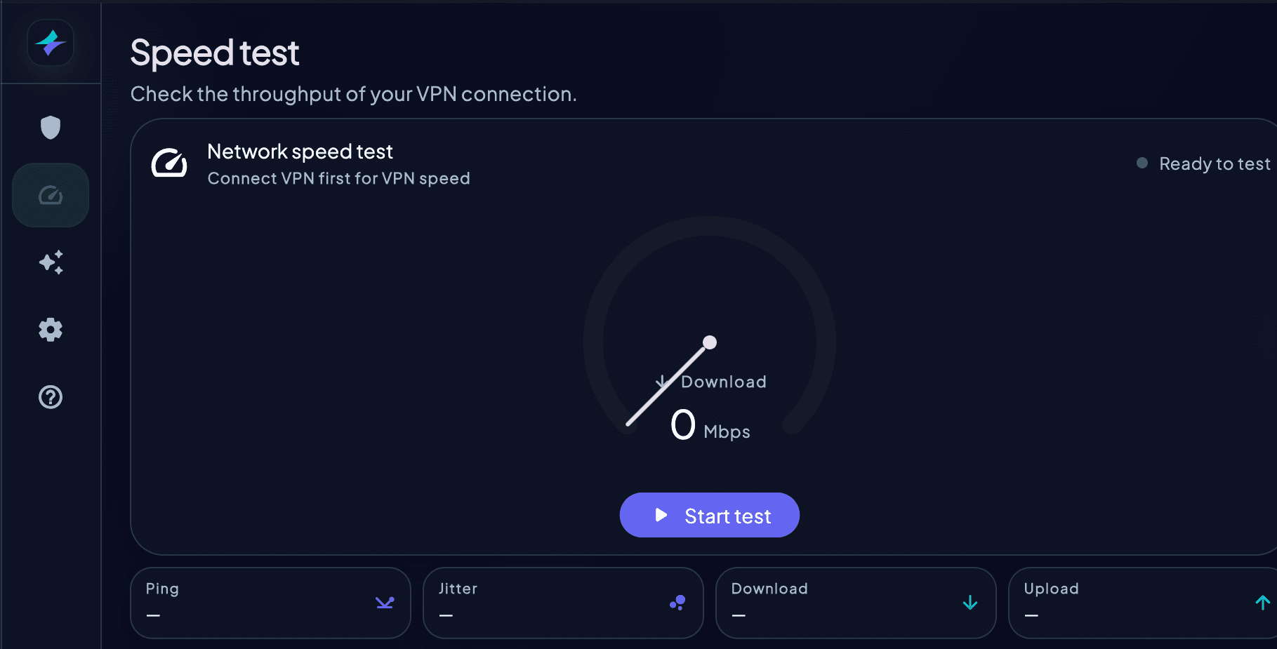 macOS 上尚未开始测试的 HorizonVPN Speedtest 页面,延迟、抖动、下载和上传字段均为空。